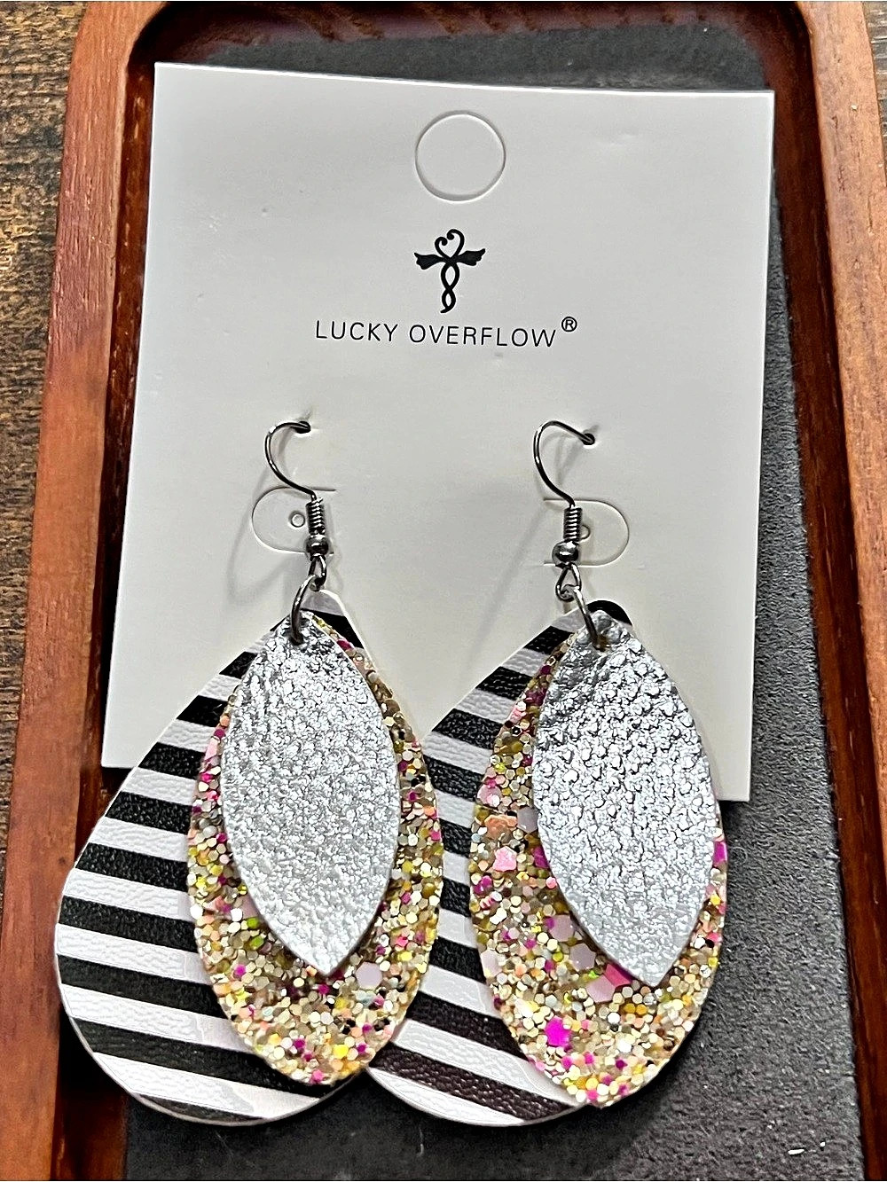 Lucky Overflow Statement Striped Drop Earrings in Silver & Black